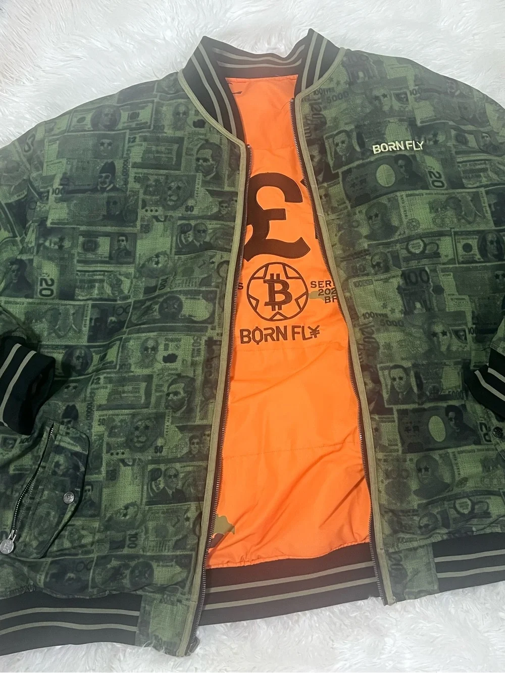 5XL Men’s Green Money-Print Bomber Jacket with Orange Lining